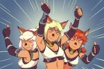  3girls :&gt; animal_ear_fluff animal_ears avatar_(ff11) bangs blonde_hair cat_ears closed_eyes closed_mouth dark-skinned_female dark_skin double_thumbs_up elbow_gloves emphasis_lines facial_mark final_fantasy final_fantasy_xi gloves hair_tubes midriff mithra_(ff11) multiple_girls no_eyebrows orange_hair parted_bangs purple_gloves short_hair smile thumbs_up upper_body white_hair yuccoshi 