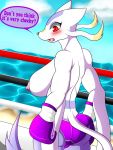  3:4 anthro big_breasts black_nose blush boxing_gloves breasts butt clothed clothing female fur hand_on_hip handwear hi_res mienshao mlpboxing nintendo nipples panties pink_nipples pok&eacute;mon pok&eacute;mon_(species) purple_body purple_fur red_eyes side_boob solo speech_bubble topless underwear video_games water whiskers 