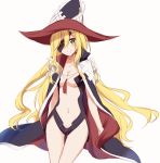  1girl black_cape black_eyepatch blonde_hair blush breasts cape cleavage collarbone commentary_request eyepatch green_eyes hair_between_eyes hat head_tilt highres long_hair looking_at_viewer medium_breasts navel nemu_mohu othinus red_cape smile solo thigh_gap to_aru_majutsu_no_index to_aru_majutsu_no_index:_new_testament two-tone_cape very_long_hair witch_hat 