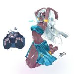 1boy 1girl atlantis:_the_lost_empire bare_shoulders blue_eyes bracelet breasts cleavage dark_skin disney earrings ejami feet jewelry kidagakash long_hair looking_at_viewer navel necklace open_mouth simple_background white_background white_hair 
