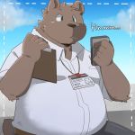  2020 anthro bottomwear brown_body brown_fur clothing fur green_bell humanoid_hands inakamichi kemono male mammal outside overweight overweight_male pants phone shirt solo text topwear ursid 