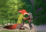  2018 anthro anthro_on_anthro barefoot bottomwear canid canine clothed clothing disney duo ears_down eyes_closed female fox fully_clothed fur grass grey_body grey_fur hi_res judy_hopps kissing lagomorph leporid light lighting male male/female mammal necktie nick_wilde orange_body orange_fur pants pivoted_ears rabbit red_fox shirt standing topwear trashasaurusrex zootopia 
