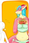  2017 anthro blush breasts clothed clothing denyfake dragon eating female finger_claws food green_eyes hair hi_res holding_food holding_object horn larger_anthro larger_female looking_at_another navel pink_body size_difference text topwear wingless_dragon 