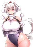  1girl animal_ears bare_shoulders blush breasts bridal_gauntlets covered_navel curvy detached_sleeves eyebrows_visible_through_hair fang fang_out flying_sweatdrops groin hat highres huge_breasts inubashiri_momiji no_pants pom_pom_(clothes) red_eyes shiny shiny_skin shishi_juuroku short_eyebrows short_hair solo swimsuit swimsuit_under_clothes tail tokin_hat touhou white_background white_hair wide_hips wolf_ears wolf_tail 