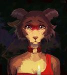  anthro beastars bodypaint brown_body brown_fur candle canid canine canis cheek_tuft choker clothed clothing dress face_paint facial_tuft female fire fur heartbroken hi_res inner_ear_fluff jewelry juno_(beastars) looking_at_viewer makeup mammal necklace painting solo tuft tvard wolf 