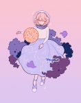  1girl artist_name astronaut_helmet bangs closed_eyes cloud constellation constellation_print gradient gradient_background long_sleeves medium_hair meyoco moon original pink_background pink_hair print_skirt purple_skirt sandals shirt skirt solo sparkle white_footwear white_shirt 