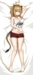  1girl absurdres animal_ears arknights arm_up bangs bare_arms bare_legs bare_shoulders barefoot bed_sheet black_choker blush breasts brown_eyes brown_hair candy chinese_commentary choker cleavage commentary_request crop_top eyebrows_visible_through_hair food full_body hair_between_eyes highres holding holding_food incredibly_absurdres large_breasts lion_ears lion_tail lollipop long_hair looking_at_viewer lying midriff navel on_back parted_lips red_shorts short_shorts shorts siege_(arknights) solo stomach tail tank_top thighs white_tank_top ying_jing_meng 