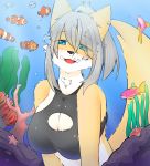  2017 air_bubble ambiguous_gender anthro blue_eyes breasts canid canine clothed clothing clownfish denyfake female feral fish fur grey_hair hair kelp larger_anthro larger_female looking_at_viewer mammal marine orange_body pink_body pomacentrid size_difference smaller_ambiguous smaller_feral tongue underwater water white_body 