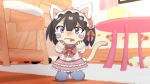  2020 animate_inanimate black_hair blue_eyes bodily_fluids clothing doll domestic_cat dress felid feline felis female furniture hair hi_res implied_transformation inside living_plushie mammal plushie plushifications ribbons solo standing table tears 