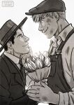  2boys artist_name beret bouquet closed_mouth collared_shirt couple cris_art eye_contact flower formal greyscale hand_on_another&#039;s_face hat holding holding_bouquet hulkling jacket looking_at_another male_focus marvel monochrome multiple_boys necktie patreon_username shirt short_hair smile suit upper_body wiccan yaoi 