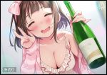  1girl alcohol babydoll bangs black_border blunt_bangs blush border bottle bow breasts brown_hair character_name cleavage closed_eyes collarbone commentary_request drunk fang hair_bow headband holding holding_bottle long_sleeves mouth_drool nail_polish off_shoulder open_mouth original pink_bow pinky_out short_hair solo tsukana_(saba_mizore) upper_body v video_call wine_bottle 