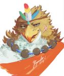  2019 anthro avian beak blue_eyes brown_body brown_feathers facial_scar feathers fuyoudo624 gandharva hi_res male multicolored_body multicolored_feathers prayer_beads scar signature simple_background tokyo_afterschool_summoners tongue tongue_out two_tone_body two_tone_feathers video_games white_background white_body white_feathers 