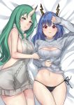  2girls absurdres arknights arm_up backless_outfit bangs bare_arms bare_shoulders bed_sheet black_panties blue_hair blush breasts ch&#039;en_(arknights) chinese_commentary cleavage cleavage_cutout commentary_request cowboy_shot dragon_horns green_hair grey_eyes grey_sweater highres horn horns hoshiguma_(arknights) large_breasts long_hair long_sleeves looking_at_viewer lying meme_attire multiple_girls navel no_pants on_back on_side panties red_eyes ribbed_sweater side-tie_panties sleeves_past_wrists stomach sweater thighs turtleneck turtleneck_sweater underwear virgin_killer_sweater ying_jing_meng 