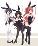 3girls ahoge animal_ears artist_self-insert bandaid bandaid_on_cheek bare_shoulders black_footwear black_hair black_legwear black_leotard blue_neckwear breasts brown_eyes brown_hair bunny_ears bunny_tail bunnysuit cleavage collar commentary_request detached_collar green_neckwear grey_background hair_ornament hairclip hand_on_hip hand_up hands_up high_heels high_ponytail highres holding holding_tray large_breasts leotard long_hair multiple_girls natsuki-chan_(natsuki_teru) natsuki_teru necktie original pale_skin pantyhose ponytail purple_eyes red_neckwear shoes short_necktie small_breasts strapless strapless_leotard tail thighhighs tray twitter_username two-tone_background very_long_hair white_background white_collar white_legwear wing_collar wrist_cuffs 