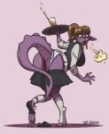  anthro beverage blush bottomwear breasts breath brown_hair butt clothing dragon female footwear forked_tongue genitals hair hi_res legwear open_mouth pussy shoes simple_background skirt socks solo spade_tail surprise tail-blazer tongue tongue_out torn_clothing transformation underwear waiter 