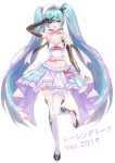  1girl 2019 :d absurdres aqua_eyes aqua_hair breasts character_name elbow_gloves full_body gloves goodsmile_racing hair_between_eyes hair_ribbon hat hatsune_miku headset high_heels highres long_hair medium_breasts midriff navel nyun open_mouth racing_miku racing_miku_(2019) ribbon simple_background skirt smile solo standing standing_on_one_leg thighhighs twintails v very_long_hair vocaloid white_background 