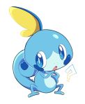  ? artsy-rc commentary english_commentary full_body hand_on_own_chin highres no_humans open_mouth pokemon pokemon_(creature) simple_background sobble solo white_background 