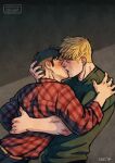  2boys artist_name belt black_hair blonde_hair blush closed_eyes couple cris_art earrings green_shirt hand_on_another&#039;s_back hand_on_another&#039;s_head hand_on_another&#039;s_shoulder hulkling jewelry kiss male_focus marvel multiple_boys pants patreon_username plaid plaid_shirt red_shirt shirt short_hair sideburns simple_background wiccan yaoi 