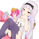  1girl bangs black_shorts blush character_name cup disposable_cup drink feet_out_of_frame food hairband hamburger highres holding holding_food hololive long_hair murasaki_shion nejime open_mouth purple_legwear shirt shorts signature silver_hair simple_background solo t-shirt thighhighs thighs virtual_youtuber white_background white_shirt 