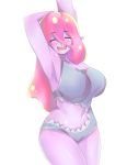  1girl absurdres armpits arms_up backlighting blush breasts closed_eyes commentary english_commentary eyebrows_visible_through_hair grey_swimsuit highres holding_arm ika_(ika-hime) large_breasts long_hair looking_at_viewer meme_attire monster_girl navel navel_cutout open_mouth original pink_hair pink_skin pointy_ears sharkini shiny shiny_hair shiny_skin slime_girl smile solo standing swimsuit thighs white_background 