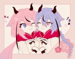  2others :t bare_shoulders blue_eyes blue_hair braid character_name cheek-to-cheek cherry_blossoms closed_mouth collar collared_shirt commentary framed_image holding_hands horns interlocked_fingers japanese_clothes meika_hime meika_mikoto multiple_others one_eye_closed pink_eyes pink_hair red_collar shirt short_eyebrows sleeveless sleeveless_shirt thick_eyebrows tuna_illust twintails upper_body vocaloid white_shirt wrist_cuffs 