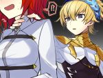  !? 1boy 1girl black_shirt blonde_hair breasts castor_(fate/grand_order) chaldea_uniform collar diadem fate/grand_order fate_(series) fujimaru_ritsuka_(female) gradient gradient_background grey_background hand_around_neck highres medium_breasts metal_collar open_mouth orange_hair pauldrons purple_eyes shirt short_hair speech_bubble translation_request white_robe white_shirt yomoda_(7taizai7bitoku) 