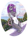  anthro background_sky clothing cloud female flower fur grey_body grey_fur hair hi_res lammog long_hair long_tail mammal mouse murid murine one-piece_swimsuit plant purple_eyes purple_hair rodent sea solo swimwear water white_clothing 