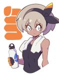  1girl :&lt; artsy-rc black_bow black_gloves black_hairband black_shirt bottle bow canteen closed_mouth covered_navel gloves grey_eyes grey_hair hair_bow hairband highres holding looking_at_viewer partly_fingerless_gloves pokemon pokemon_(game) pokemon_swsh saitou_(pokemon) shirt short_hair simple_background skin_tight slit_pupils solo upper_body water_bottle white_background 
