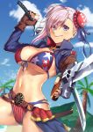  1girl american_flag_bikini asymmetrical_hair beach belt bikini black_choker blue_eyes blue_sky breasts brown_gloves bun_cover choker cleavage closed_mouth cloud cloudy_sky commentary cowboy_shot day dual_wielding eyebrows_visible_through_hair fate/grand_order fate_(series) fingerless_gloves flag_print foreshortening gloves gunblade hair_between_eyes holding leather leather_gloves looking_at_viewer medium_breasts medium_hair midriff miyamoto_musashi_(fate/grand_order) miyamoto_musashi_(swimsuit_berserker)_(fate) mountain navel outdoors palm_tree scabbard sheath shimozuki_shio shrug_(clothing) silver_hair sky smile solo striped striped_bikini_bottom swimsuit thighs tree underboob vertical-striped_bikini vertical_stripes weapon 