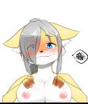  2016 4_fingers anthro areola black_eyebrows black_nose blue_eyes blush breasts canid canine cheek_tuft denyfake eye_through_hair eyebrow_through_hair eyebrows facial_tuft female fingers front_view fur fur_tuft grey_hair hair mammal multicolored_body multicolored_fur nipples pink_areola pink_nipples simple_background solo translucent translucent_hair tuft two_tone_body two_tone_fur white_background white_body white_fur 