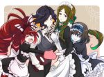  4girls alternate_costume apron blue_eyes colored_inner_hair enmaided garie_tuman green_eyes hug hug_from_behind kiraki leiur_darahim maid maid_apron maid_headdress menu micha_jawkan multicolored_hair multiple_girls oven_mitts phara_suyuf red_hair senki_zesshou_symphogear sharp_teeth teeth waiter yellow_eyes 