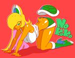  2020 all_fours big_breasts blonde_hair boots bottomwear breasts butt clothing dark_skin female footwear green_eyes hair hi_res high_heels humanoid koopa_troopa koopagirl looking_at_viewer mario_bros minus8 nintendo nipple_outline red_background scalie shell shirt shoes shorts simple_background solo tank_top topwear video_games white_clothing white_shirt white_topwear 