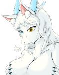  2018 ambiguous_gender anthro big_breasts biped bouncing breasts claws collarbone digital_media_(artwork) dragon duo female fur furred_dragon hair heterochromia hi_res holding_breast inner_ear_fluff larger_female looking_at_another macro micro micro_on_macro motion_lines simple_background size_difference size_play smaller_ambiguous snout son2j tuft white_background white_body white_fur white_hair 