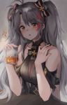  1girl 666_(ro_ro_ro3) absurdres ahoge alcohol azur_lane bangs black_dress blush bow breasts cleavage commentary dress eyebrows_visible_through_hair glass grey_background hair_between_eyes hair_bow highres ice ice_cube iron_cross large_breasts long_hair looking_at_viewer multicolored_hair open_mouth parted_bangs prinz_eugen_(azur_lane) prinz_eugen_(cordial_cornflower)_(azur_lane) red_hair silver_hair simple_background sitting sleeveless sleeveless_dress solo streaked_hair twintails two-tone_hair upper_body whiskey yellow_eyes 