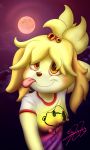  absurd_res animal_crossing anthro blonde_hair bottomless canela canid canine canis clothed clothing domestic_dog female fur hair hi_res isabelle_(animal_crossing) lobofeo mammal moon nintendo nipple_outline outside peanuts_(comic) shizu signature snoopy solo tongue tongue_out video_games yellow_body yellow_fur 