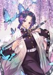  2019 artist_name belt black_hair blush breasts bug butterfly butterfly_hair_ornament eyebrows_visible_through_hair hair_ornament highres holding holding_sword holding_weapon insect kimetsu_no_yaiba kochou_shinobu large_breasts long_sleeves looking_at_viewer multicolored_hair open_mouth purple_eyes purple_hair purple_nails short_hair smile sword two-tone_hair upper_teeth weapon white_belt yume_ou 