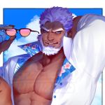  1boy abs aegir_(tokyo_houkago_summoners) bara beard blue_eyes chest dark_skin dark_skinned_male earrings facial_hair jewelry looking_at_viewer male_focus muscle nipples open_clothes open_shirt pectorals pose shirt simple_background sleeves_rolled_up smile snartles solo tokyo_houkago_summoners white_hair 