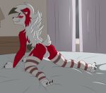  anthro bed bedroom_eyes butt clothing detailed_background furniture girly hi_res legwear looking_at_viewer lycanroc male midnight_lycanroc minila narrowed_eyes night nintendo pok&eacute;mon pok&eacute;mon_(species) presenting presenting_hindquarters seductive solo solo_focus stockings video_games window 