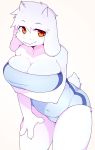  absurd_res anthro big_breasts boss_monster bovid breasts brown_eyes caprine cleavage clothed clothing devil-vox female fur hi_res mammal one-piece_swimsuit simple_background smile solo swimwear toriel undertale video_games white_background white_body white_fur 