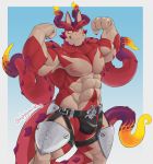  4_fingers abs absurd_res anthro armor biceps bulge claws clothed clothing cthugha_(tas) dragon fingers flexing hi_res looking_at_viewer male milkydynamike muscular muscular_male navel nipples pecs pink_nipples red_body scalie smile solo speedo spikes swimwear tentacles tokyo_afterschool_summoners topless unconvincing_armor video_games 