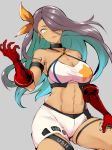  1girl abs armlet ass_visible_through_thighs azur_lane bangs bare_shoulders black_choker breasts choker cleavage collarbone commentary_request cowboy_shot criss-cross_halter crop_top dark_skin elbow_gloves gloves green_eyes green_hair hair_between_eyes hair_over_one_eye hair_ribbon halterneck hand_on_thigh hand_up large_breasts long_hair looking_at_viewer midriff multicolored_hair navel northampton_(azur_lane) parted_lips purple_hair red_gloves ribbon shirt short_shorts shorts simple_background sitting skindentation sleeveless sleeveless_shirt solo star star_print taut_clothes taut_shirt thigh_strap thigh_tattoo two-tone_hair white_shirt white_shorts yellow_ribbon youhei_64d 