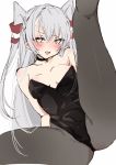  1girl alternate_costume amatsukaze_(kantai_collection) black_leotard black_neckwear breasts chigasaki_y choker commentary_request hair_tubes kantai_collection leg_up leotard long_hair looking_at_viewer open_mouth pantyhose playboy_bunny_leotard silver_hair simple_background sitting small_breasts solo strapless strapless_leotard two_side_up white_background windsock yellow_eyes 