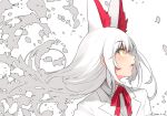  1girl animal_ears bangs dated eyebrows_visible_through_hair eyes_visible_through_hair fox_ears from_side happa_(cloverppd) kemono_friends lips long_hair neck_ribbon oinari-sama_(kemono_friends) open_mouth profile red_neckwear ribbon signature simple_background solo upper_body white_background white_hair yellow_eyes 