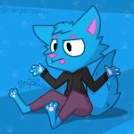  2020 anthro big_tail blep blue_body blue_fur blue_tail bottomwear clothed clothing digital_media_(artwork) domestic_cat felid feline felis fluffy fluffy_tail footprint fully_clothed fur hi_res hindpaw hoodie male mammal neopero neopero_(character) pants pawpads pawprint paws pink_nose shrug simple_background sitting solo tongue tongue_out topwear 