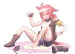  1girl animal_ears arknights bike_shorts broken_glass cameltoe closed_eyes crying glass highres myrrh_(arknights) nipple_slip nipples red_hair sitting solo wet wet_clothes white_background xia_wanzi 