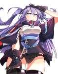  1girl ass_visible_through_thighs azur_lane bangs black_dress black_gloves black_legwear black_panties blue_cape blush breasts cape cleavage collared_cape commentary_request cowboy_shot dress eyebrows_visible_through_hair gloves glowing hair_between_eyes hair_ornament hand_on_head highres intrepid_(azur_lane) large_breasts lens_flare long_hair looking_up panties pantyshot pantyshot_(standing) purple_eyes purple_hair sidelocks signature simple_background solo standing strap strapless strapless_dress sweatdrop taut_clothes thighhighs twintails underbust underwear very_long_hair white_background yuking zettai_ryouiki 