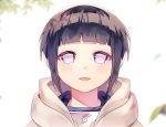  1girl bangs blush commentary_request eyebrows_visible_through_hair forehead_protector hood hood_down hoodie hyuuga_hinata looking_at_viewer naruto naruto_(series) open_mouth sal short_hair smile solo white_eyes 