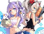  2girls :o ahoge animal_ears ass azur_lane bangle bare_shoulders basket black_panties black_shirt blue_eyes blue_shorts bracelet breasts cat_ears choker close-up closed_mouth collarbone commentary crop_top flower frills hair_bun hair_flower hair_ornament hairband hammann_(azur_lane) holding holding_basket holding_water_gun jewelry long_hair looking_at_viewer looking_back medium_breasts midriff multiple_girls navel one_side_up open_mouth panties parted_lips phandit_thirathon pout pouty_lips profile purple_eyes purple_hair purple_shirt purple_shorts scrunchie shirt short_shorts shorts side_bun silver_hair skindentation sleeveless sleeveless_shirt small_breasts spaghetti_strap stomach strapless strapless_shirt stuffed_alicorn stuffed_toy stuffed_unicorn thong underwear unicorn_(azur_lane) water water_gun 