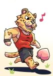  animal_crossing anthro bottomwear clothed clothing dark-dusk dark4202n dark_tatsuka felid food fruit fur grass hi_res leonardo_(animal_crossing) leopard male mammal musical_note nintendo pantherine pawpads peach_(fruit) pink_pawpads plant red_clothing red_shirt red_topwear shirt shorts simple_background solo spots spotted_body spotted_fur tank_top topwear video_games white_background wristband 