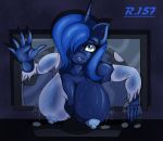  anthro bent_over big_breasts breasts equid female friendship_is_magic hair hair_over_eye hi_res horn huge_breasts looking_at_viewer mammal my_little_pony nipples one_breast_out one_eye_obstructed princess_luna_(mlp) renegade-157 solo television thick_thighs unicorn wet wide_hips 